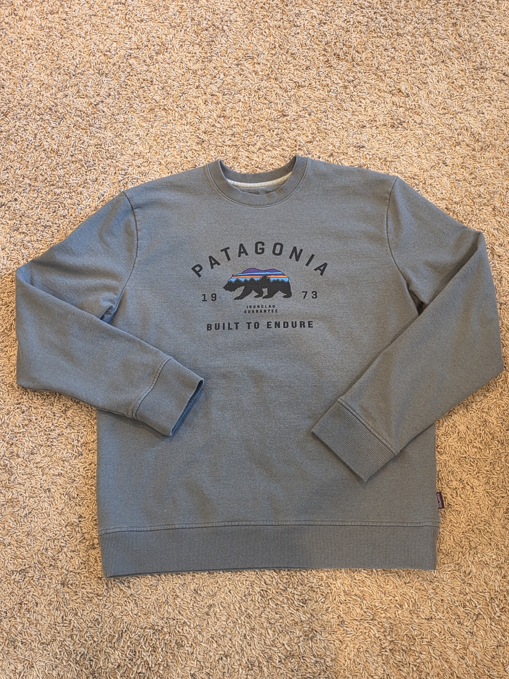 Patagonia Slate Blue Crewneck with Multicolor Bear Logo Built To Endure